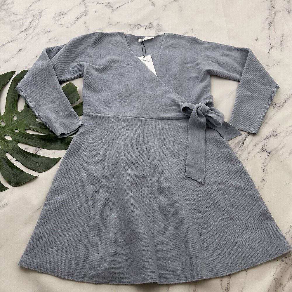 Exlura Womens Sweater Knit Dress Size XL New Light Blue Faux Wrap Bow Stretch